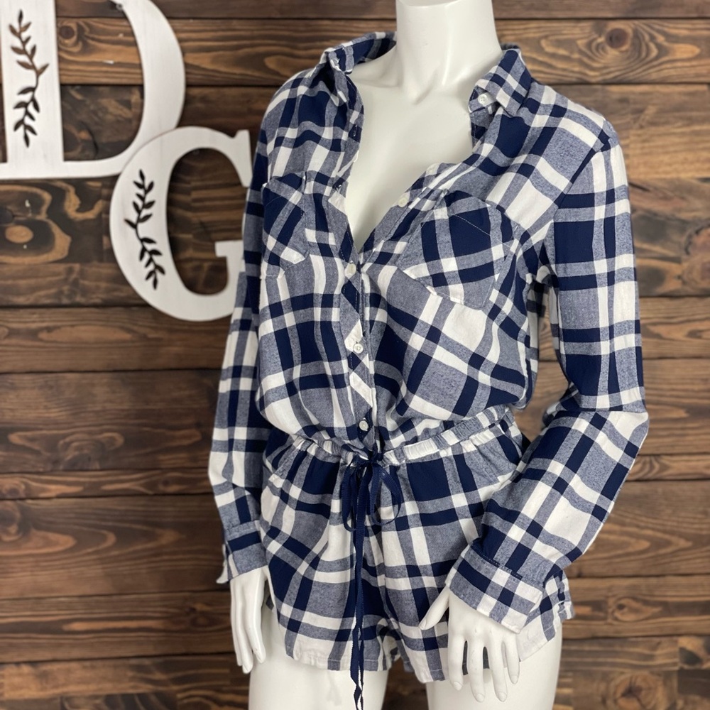 Aerie | Flannel Button Down Long Sleeve Romper Tie Waist Plaid‎ Pattern Jumpsuit